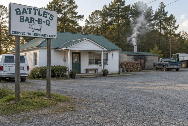 A white cinder-block barbecue restaurant with a green metal roof and a roadside sign for Battle's Bar-B-Q, wood smoke rising from the pit house behind it and pickup trucks in the gravel lot