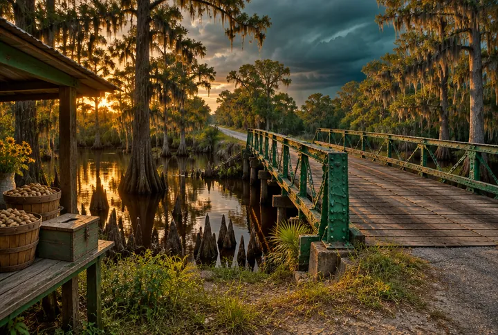 The narrow old bridge over the dark creek, its iron rails painted green, cypress knees in the water, and a produce stand with an honor box on the near bank
