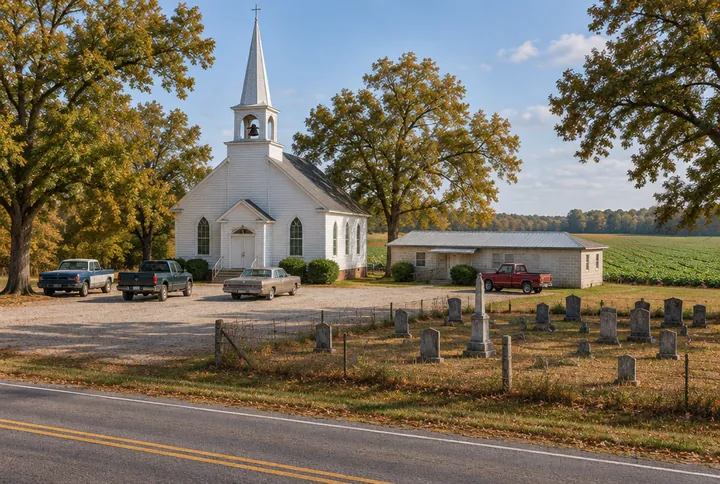 A white clapboard country church with a tall steeple, a gravel lot with pickup trucks, and an old cemetery between the lot and the highway