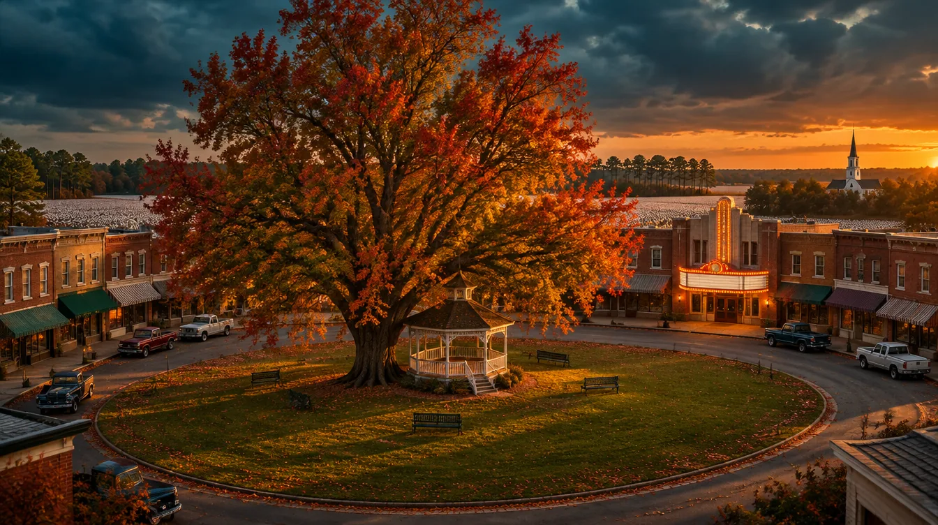 Sweetgum Circle at dusk: a round green with one enormous sweetgum tree turning red and gold, a bandstand under it, brick storefronts all around, and the old theater marquee lit on the far end
