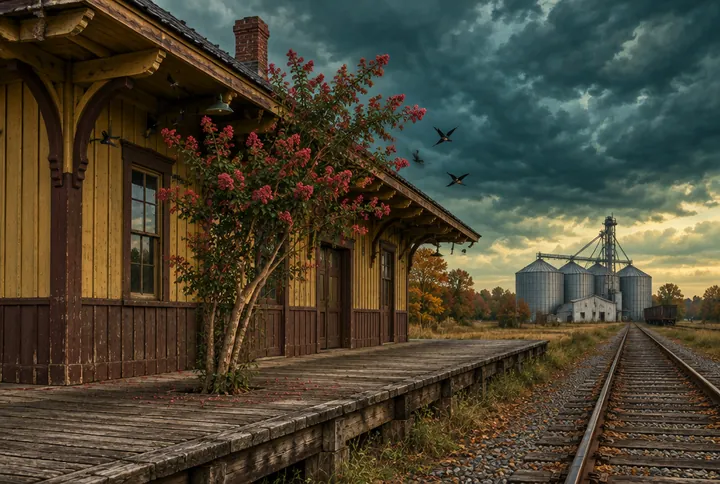 The old board-and-batten railroad depot with a long wooden freight platform, a crape myrtle growing up through the boards, and the feed mill's steel bins down the track