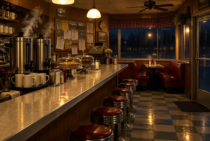 The inside of a small-town diner before dawn: a long counter, two big steaming coffee urns, pie under glass, and a red vinyl window booth