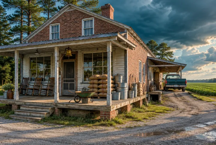 A two-story red brick hardware and feed store with a faded painted wall sign, a tin porch roof over the sidewalk, feed sacks and rocking chairs out front, and a pickup parked at the curb
