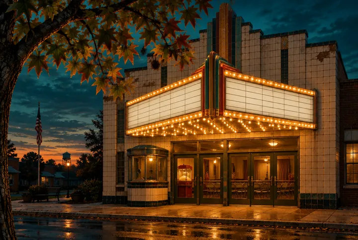 The old 1938 theater at night, its marquee lit with rows of warm bulbs and the popcorn machine glowing behind the glass doors