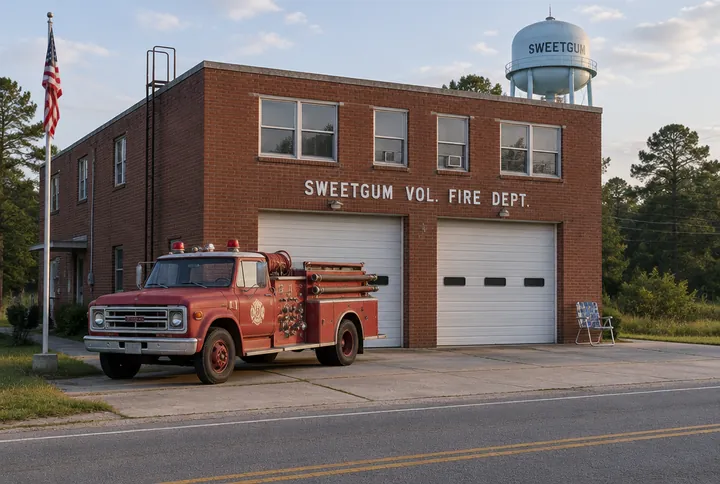 A two-story red brick volunteer fire station with two bay doors, an old red pumper on the apron, a flag out front, and the pale blue Sweetgum water tower behind it
